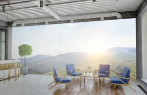 woonkamer zonder bank met bergen